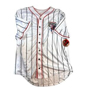 NEW Marvel Deadpool on Unicorn Baseball Jersey Pinstripe Style Men's Large‎